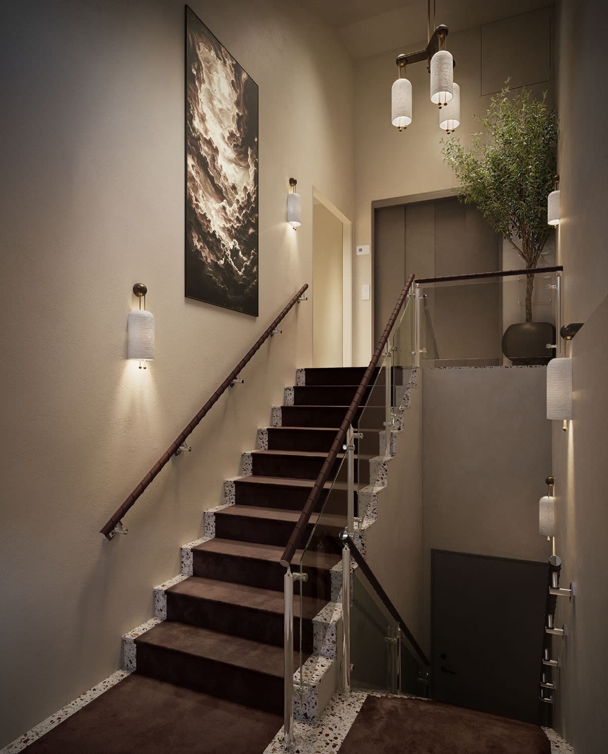 Vindsvåning trappuppgång med taklampor